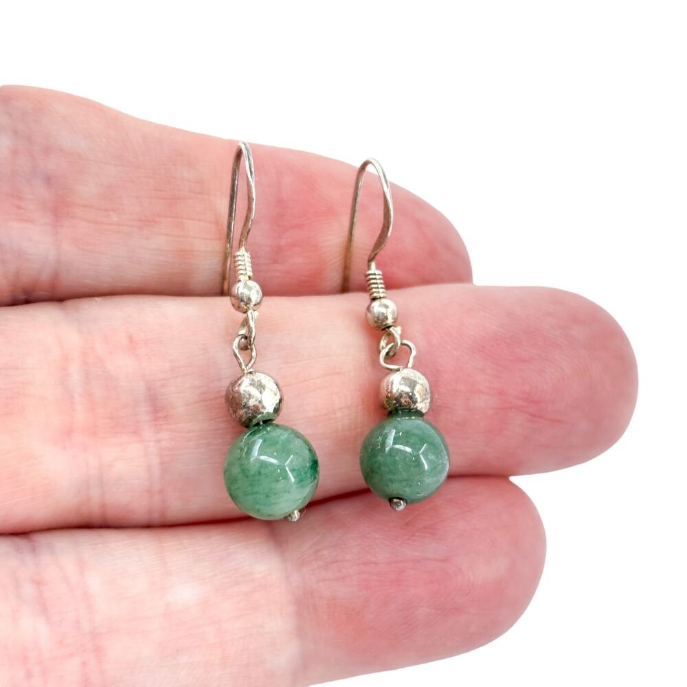 Vintage Sterling Silver 925 Green Jadeite Sphere Dangle Earrings